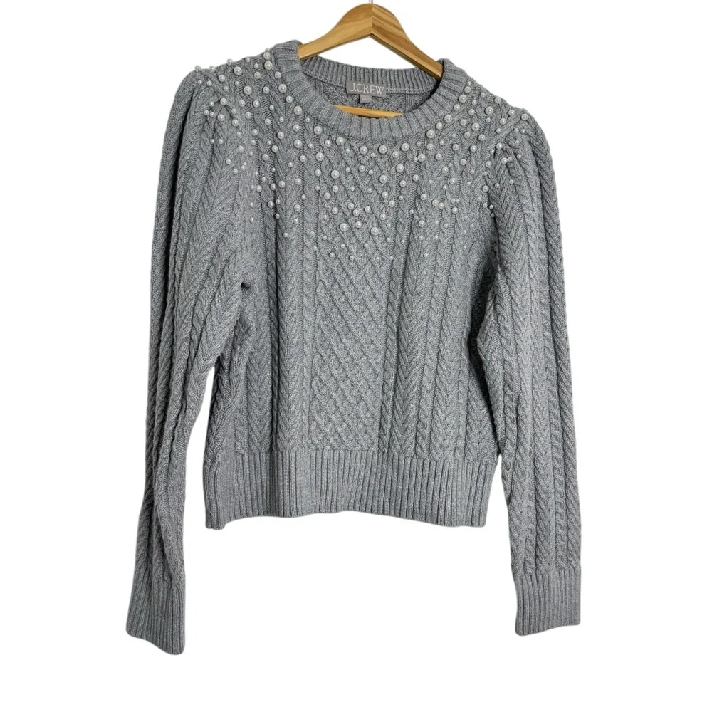 J.Crew Pearl Embellished Cotton Cable‎ Knit Sweater
